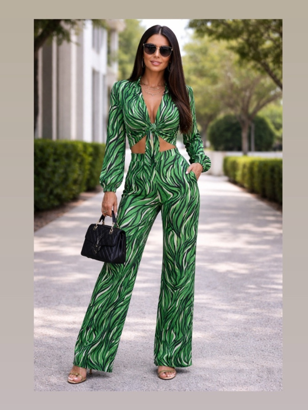 Green Zebra-Print Tie-Front set NEW Small